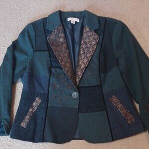 Coldwater Creek Teal And Navy Herringbone Patchwork Blazer